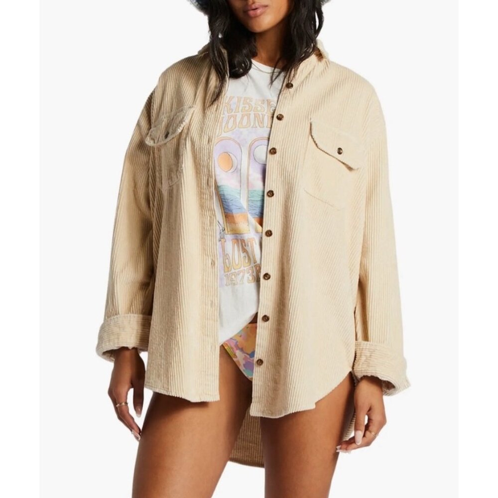 BILLABONG So Stoked Corduroy Shacket Sz M Tan Long Sleeve Oversized 100% Cotton